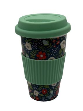 IQ Accessories 12 Oz Navy Floral Ceramic Travel Mug Green Silicone Lid